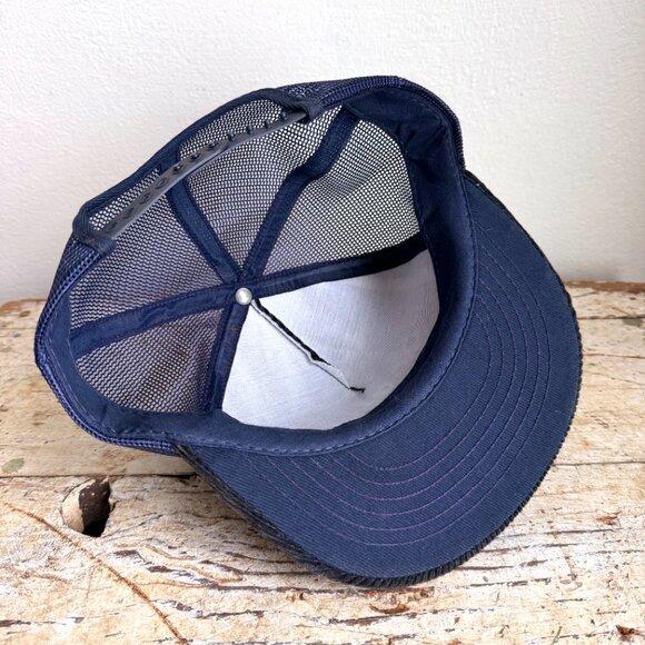 Vintage ROADWAY Corduroy Trucker Hat Navy Blue Mesh Snapback Swingster - Picture 6 of 7